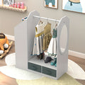 This Storage Unit Features a Mirror, Four Gray Non-Woven Drawers, One Clothes Hanger, And Six Open Rows on The Left Side, Made from Density Board And Non-Woven Fabric, Measuring 33.66*11.81*42.13inch in White