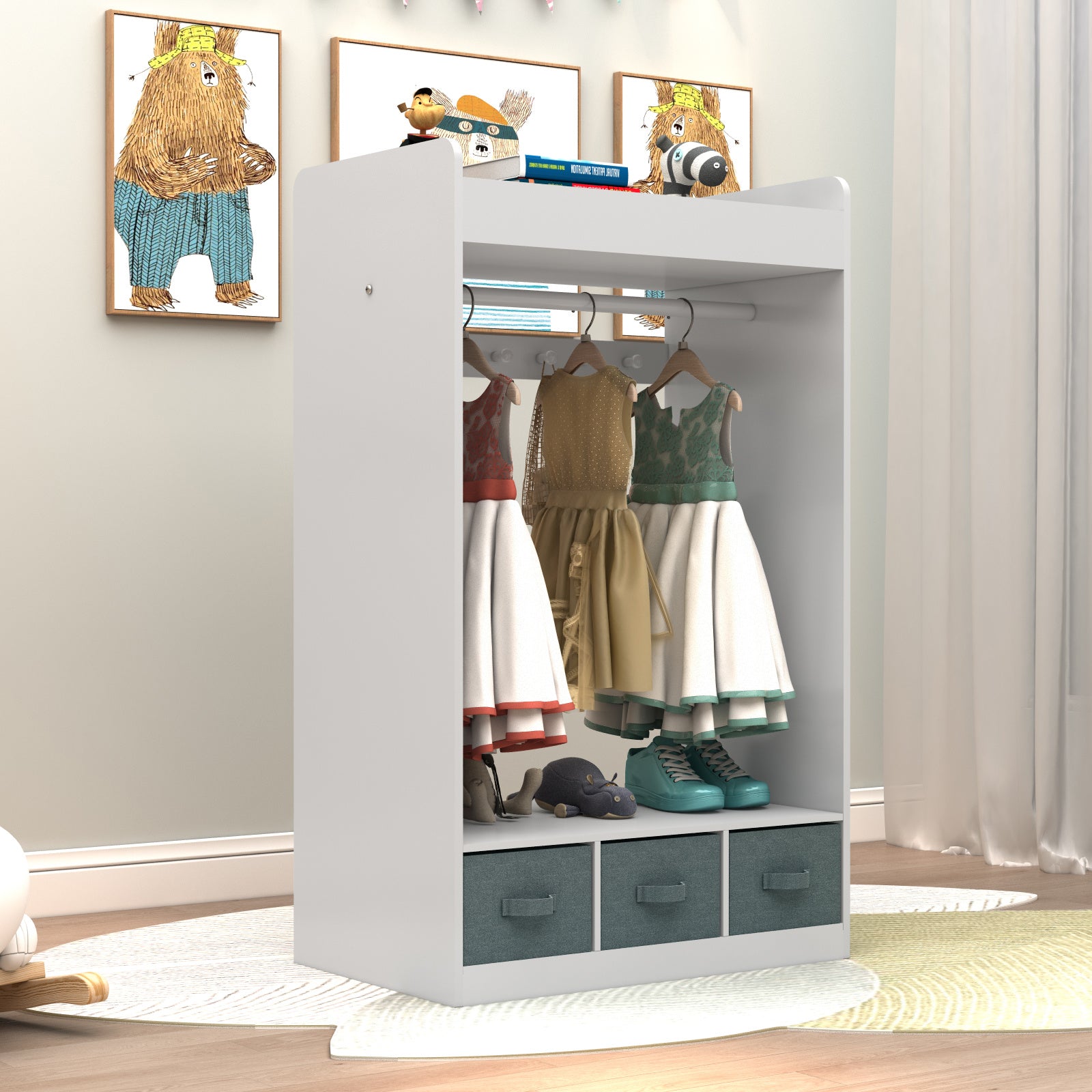 Open Wardrobe Ertongyigui Wall-mounted Vertical with Full-length Mirror White\u002F Pink Three-layer\u002F Four-layer Design Storage Locker 1 Clothes Hanger 6 Rows on the Left\u002F 1 Clothes Hanger 7 Clothes Beads Density Board + Non-woven Drawer