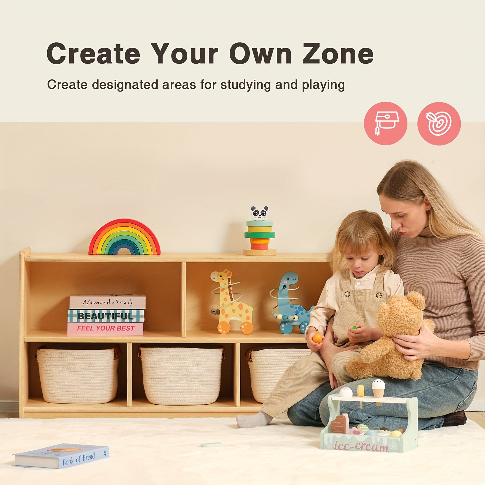 Large Wood Toy Storage Organizer, 2-Shelf Wood Bookshelf, 5-Section Kids Bookshelf, Wooden Storage Cabinet for Classroom, Kids Bookcases And Toddler Toy Shelf for Kids Room, Playroom, Nursery