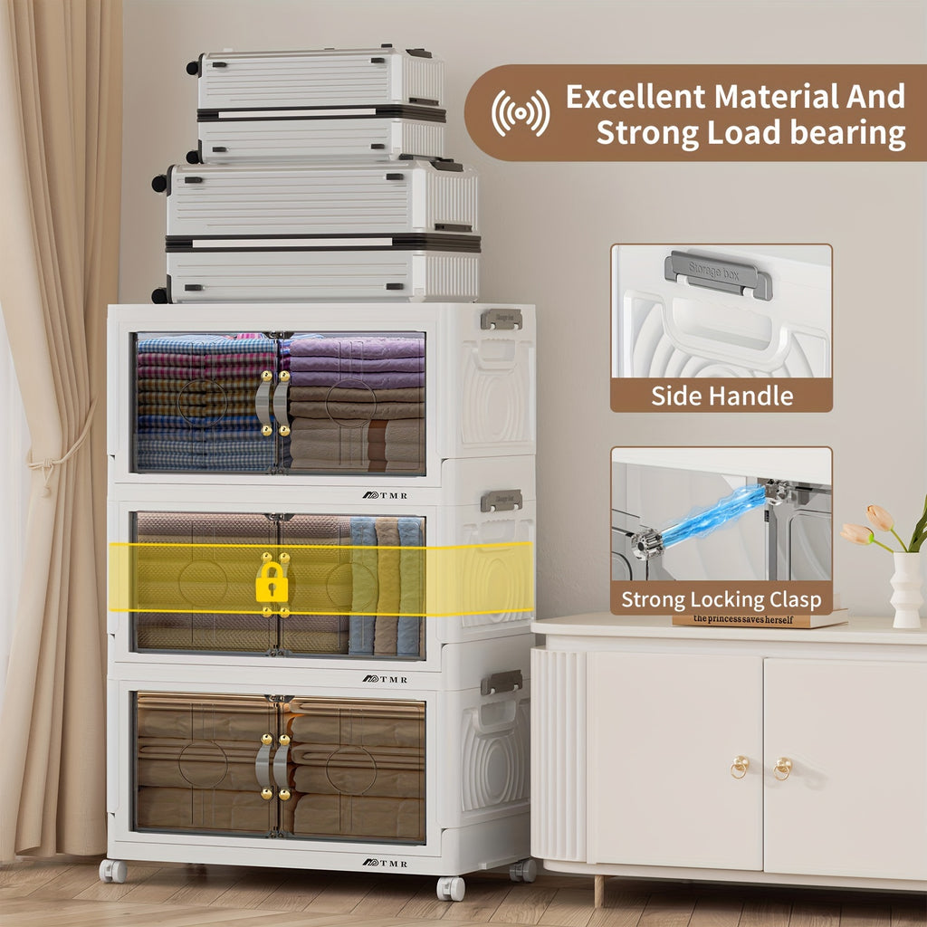 48QT Heavy-Duty White Plastic Folding Storage Cabinet with Locking Doors & 4-Wheel Mobility - Collapsible Freestanding Organizer for Home,, Pantry,, RV - Easy Assembly, Large Capacity Shelving Unit (48 Quart)