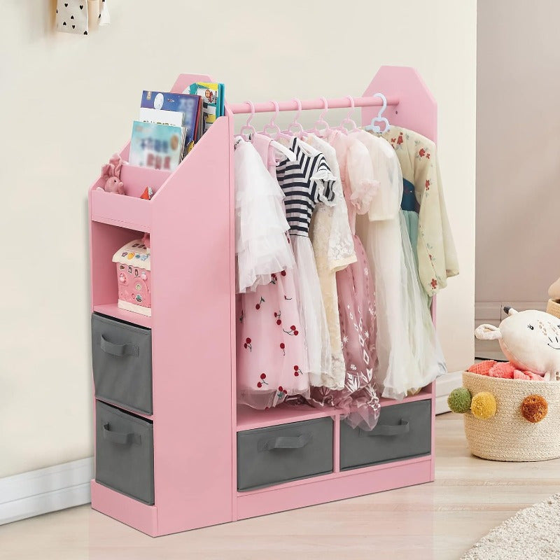 Open Wardrobe Ertongyigui Wall-mounted Vertical with Full-length Mirror White\u002F Pink Three-layer\u002F Four-layer Design Storage Locker 1 Clothes Hanger 6 Rows on the Left\u002F 1 Clothes Hanger 7 Clothes Beads Density Board + Non-woven Drawer