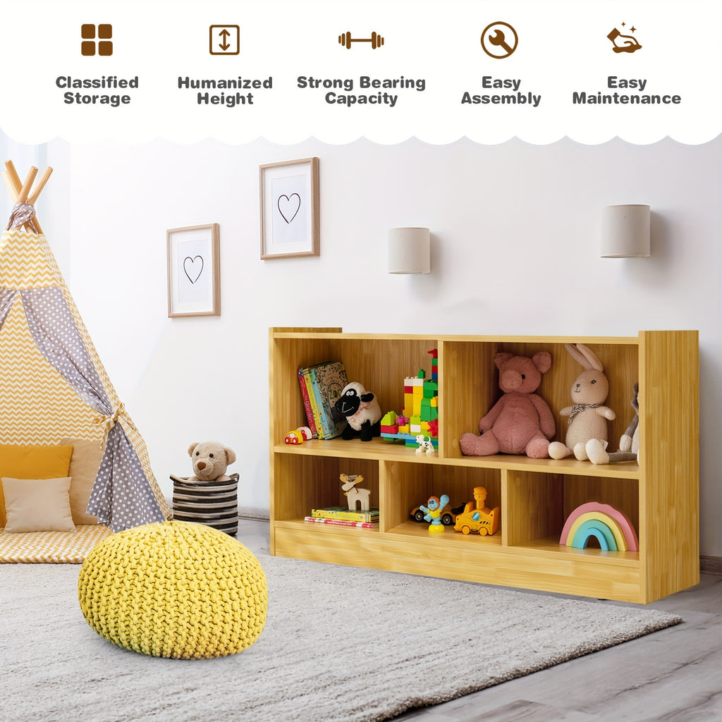 Beige Wooden Toy Storage Cabinet with 2 Shelves And 5 Cubes., Toy Storage Box