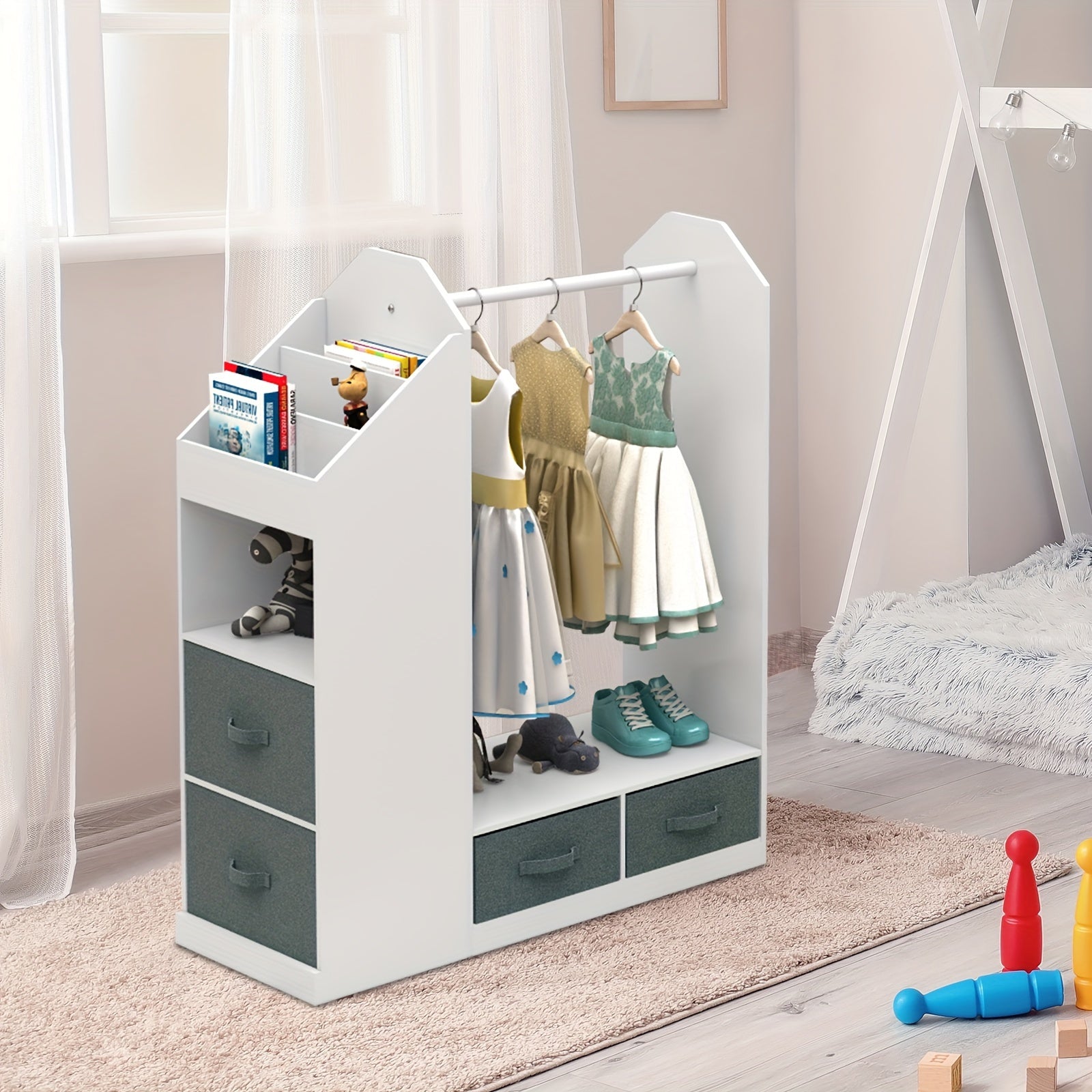 This Storage Unit Features a Mirror, Four Gray Non-Woven Drawers, One Clothes Hanger, And Six Open Rows on The Left Side, Made from Density Board And Non-Woven Fabric, Measuring 33.66*11.81*42.13inch in White