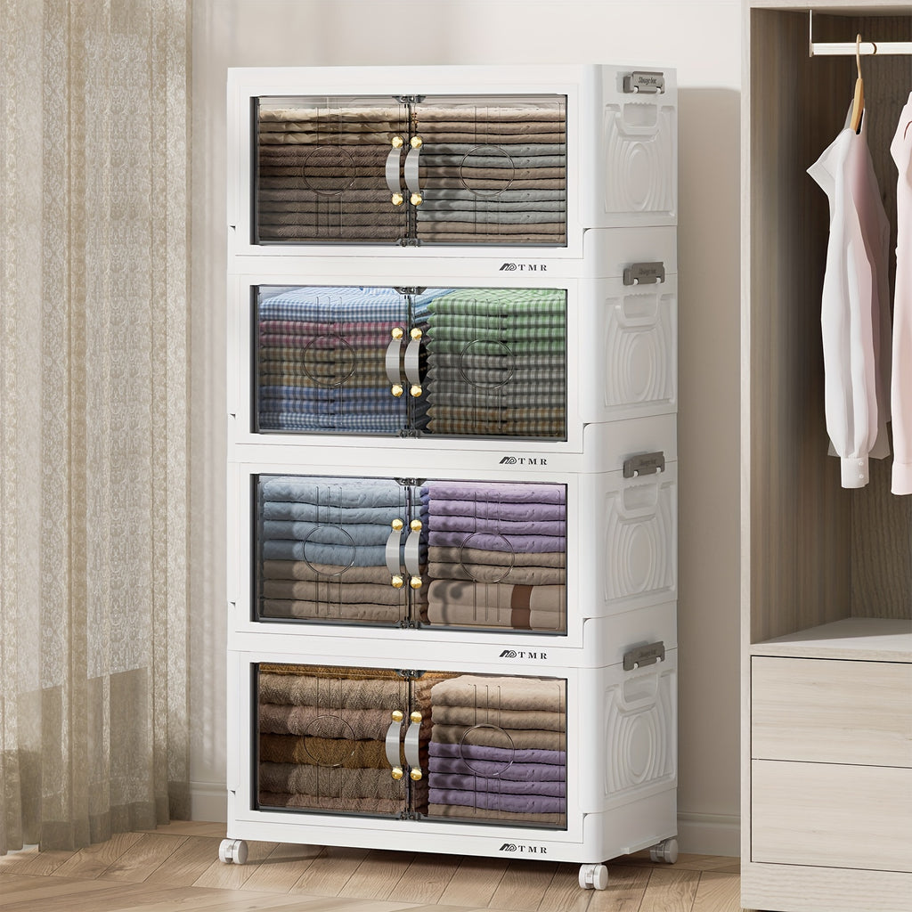 48QT Heavy-Duty White Plastic Folding Storage Cabinet with Locking Doors & 4-Wheel Mobility - Collapsible Freestanding Organizer for Home,, Pantry,, RV - Easy Assembly, Large Capacity Shelving Unit (48 Quart)