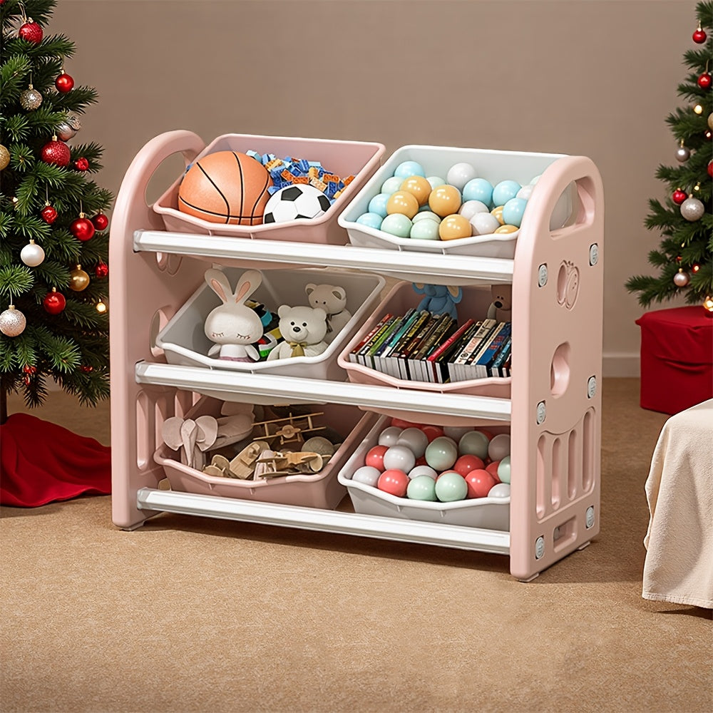 Storage Cabinet Shelf Unit, Large 3-Tier with 6-Compartment Open Shelving & Organizing Boxes, Easy Assembly Space-Saving Freestanding Furniture, for Room Game Room, Bookcase Clothing Rack Organization System, Pink