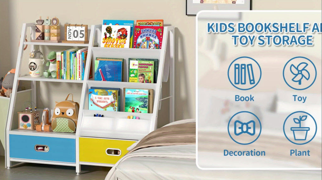 Bookshelf And Toy Organizer, Three-Tier Bookcase for Kids, Sling Bookshelf with Two Drawers, Toddler Shelf with Storage for Toys, Suitable for Kids' Rooms, Playrooms, Nurseries, Living Rooms, And Bedrooms