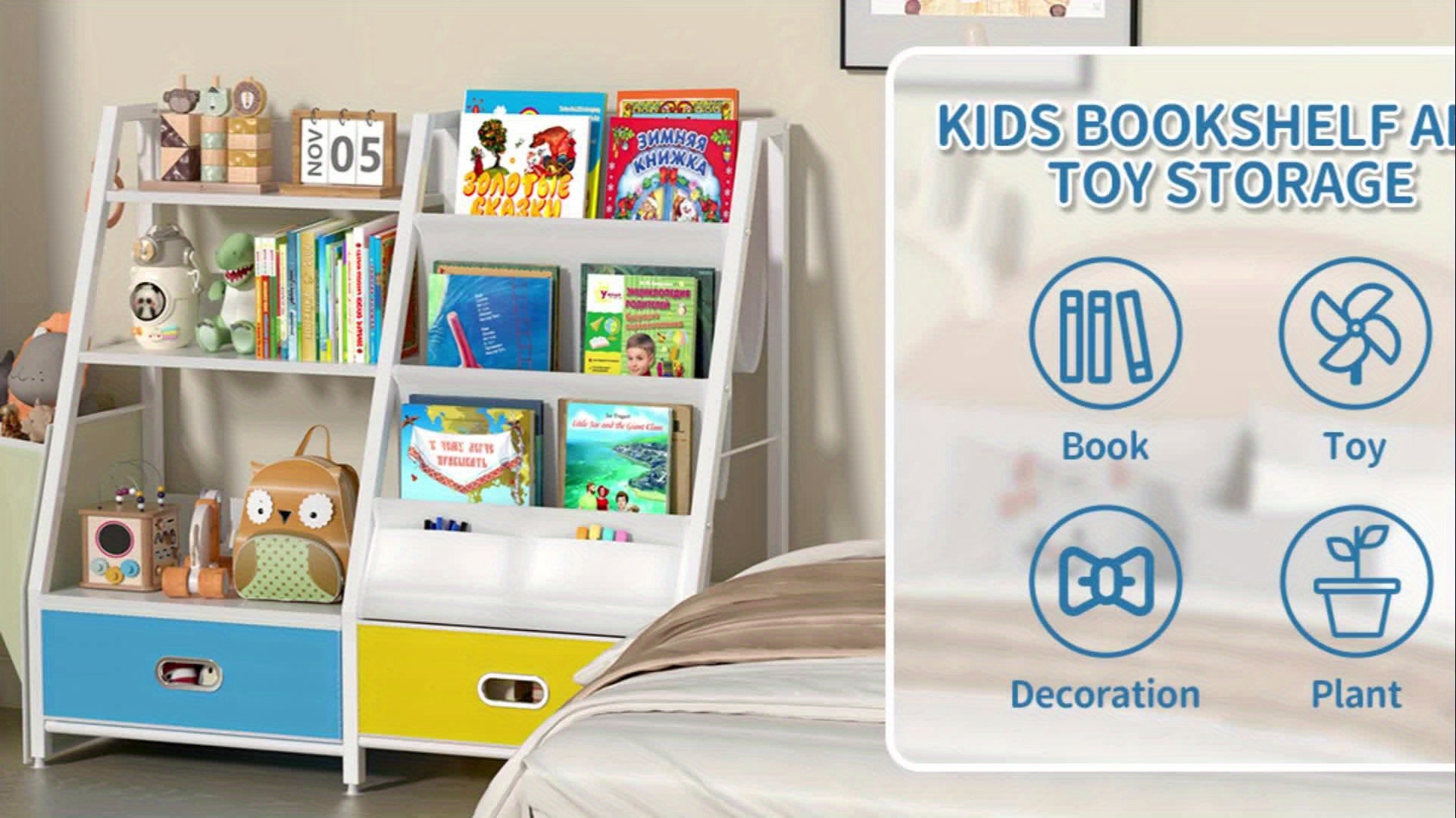 Bookshelf And Toy Organizer, Three-Tier Bookcase for Kids, Sling Bookshelf with Two Drawers, Toddler Shelf with Storage for Toys, Suitable for Kids' Rooms, Playrooms, Nurseries, Living Rooms, And Bedrooms