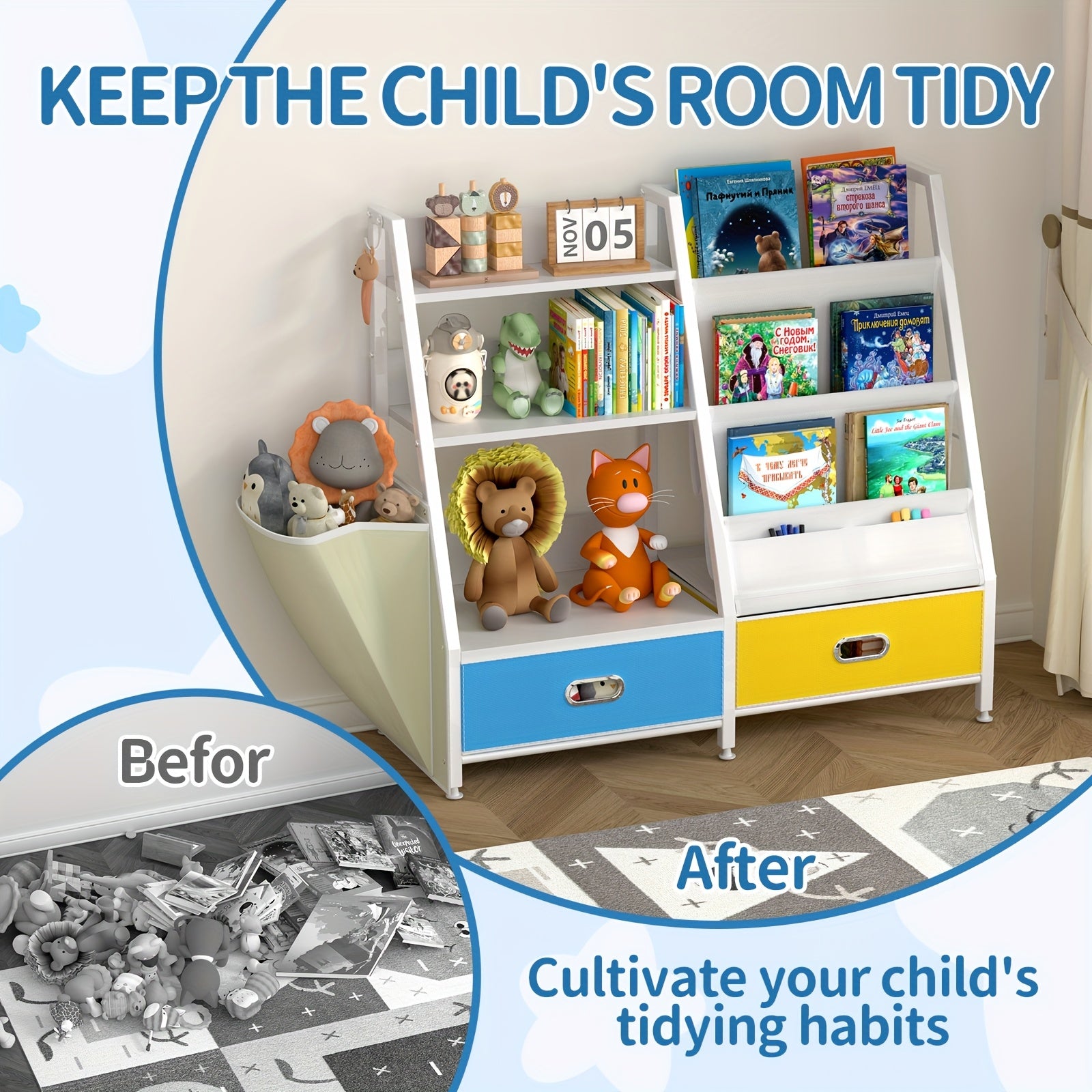 Bookshelf And Toy Organizer, Three-Tier Bookcase for Kids, Sling Bookshelf with Two Drawers, Toddler Shelf with Storage for Toys, Suitable for Kids' Rooms, Playrooms, Nurseries, Living Rooms, And Bedrooms