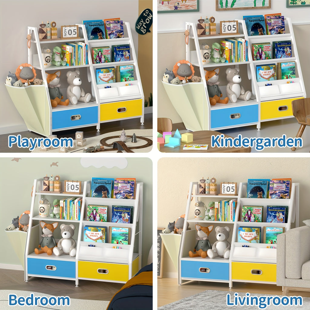 Bookshelf And Toy Organizer, Three-Tier Bookcase for Kids, Sling Bookshelf with Two Drawers, Toddler Shelf with Storage for Toys, Suitable for Kids' Rooms, Playrooms, Nurseries, Living Rooms, And Bedrooms