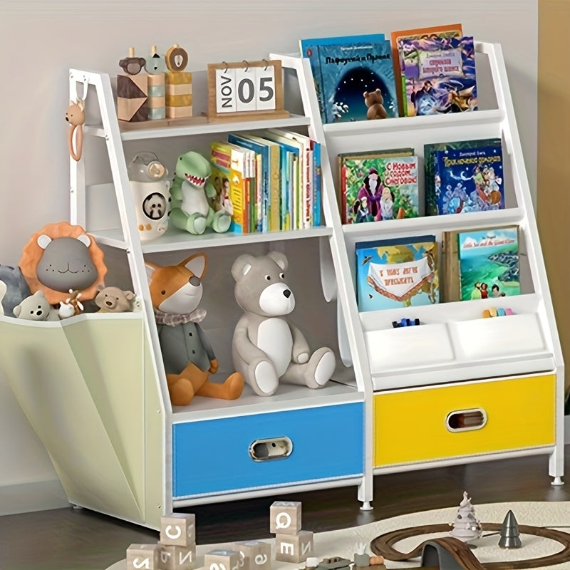 Bookshelf And Toy Organizer, Three-Tier Bookcase for Kids, Sling Bookshelf with Two Drawers, Toddler Shelf with Storage for Toys, Suitable for Kids' Rooms, Playrooms, Nurseries, Living Rooms, And Bedrooms