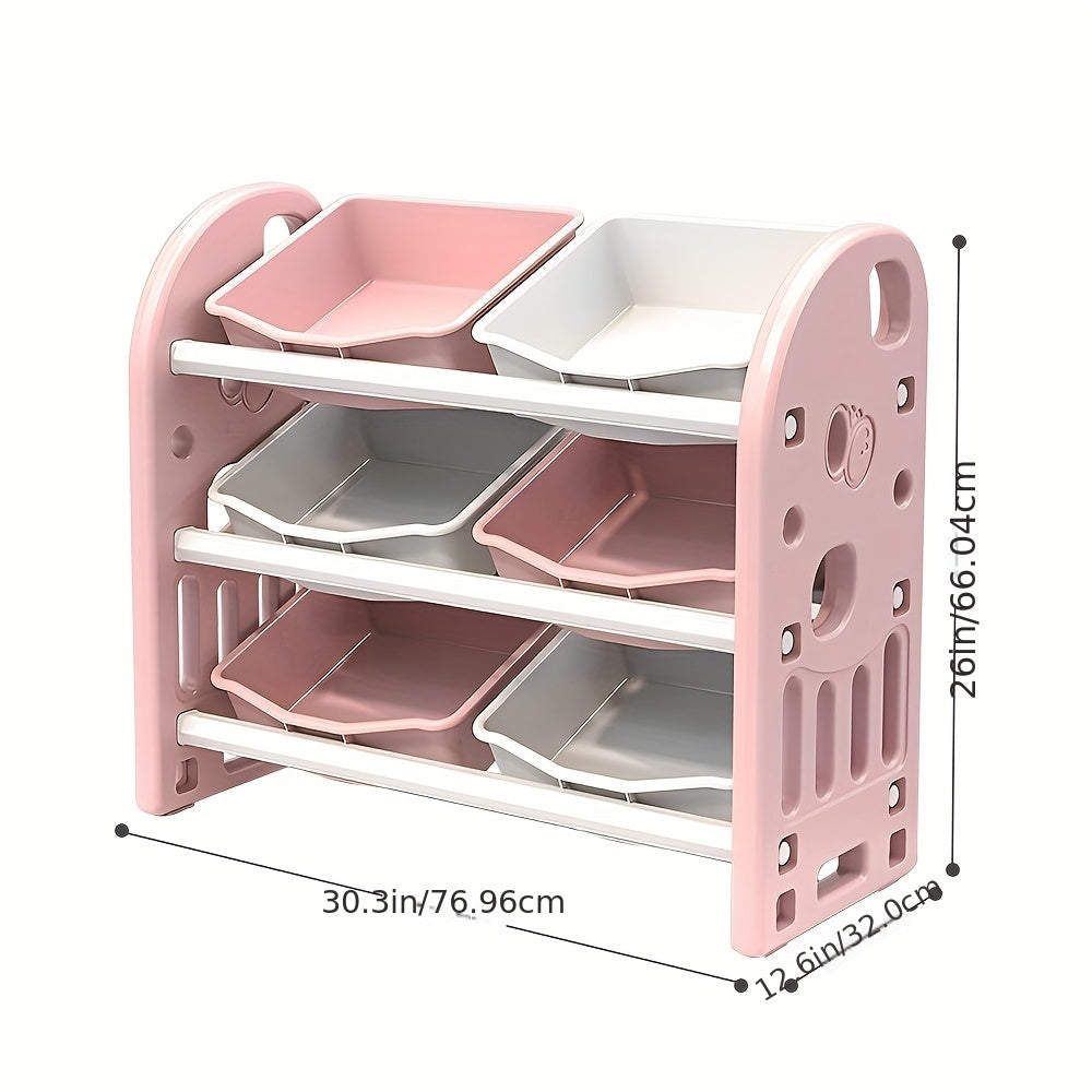Storage Cabinet Shelf Unit, Large 3-Tier with 6-Compartment Open Shelving & Organizing Boxes, Easy Assembly Space-Saving Freestanding Furniture, for Room Game Room, Bookcase Clothing Rack Organization System, Pink