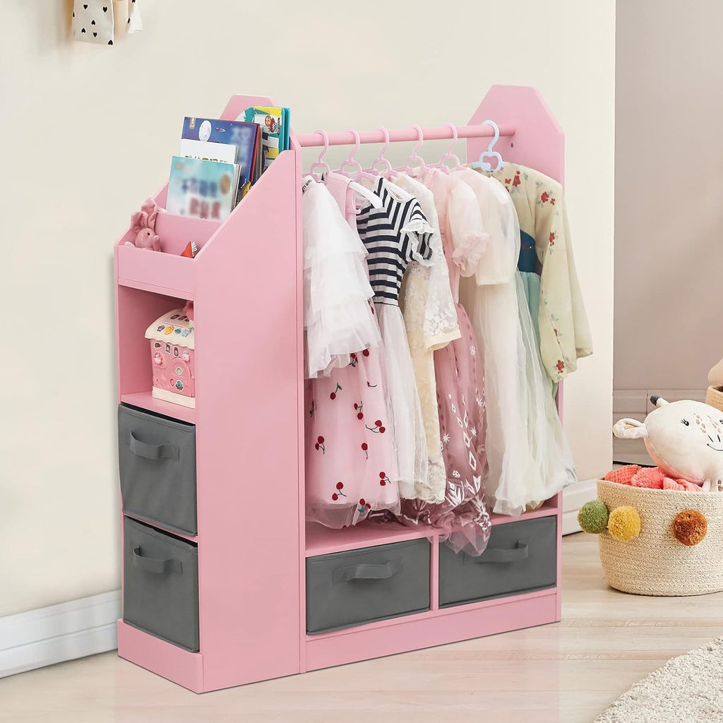 Open Wardrobe Ertongyigui Wall-mounted Vertical with Full-length Mirror White\u002F Pink Three-layer\u002F Four-layer Design Storage Locker 1 Clothes Hanger 6 Rows on the Left\u002F 1 Clothes Hanger 7 Clothes Beads Density Board + Non-woven Drawer