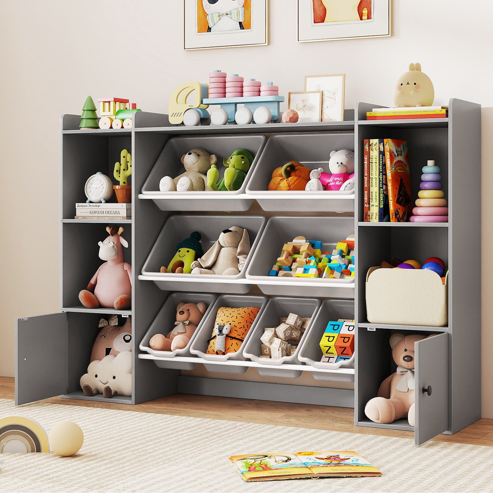 Kids Toy Storage Organizer, 4-Tier Wooden Toddler Bookshelf & Toy Cabinet with Open Shelves, 4 Large & 4 Small Removable Bins, Children' S Storage Cabinet for Home, Classroom, Daycare