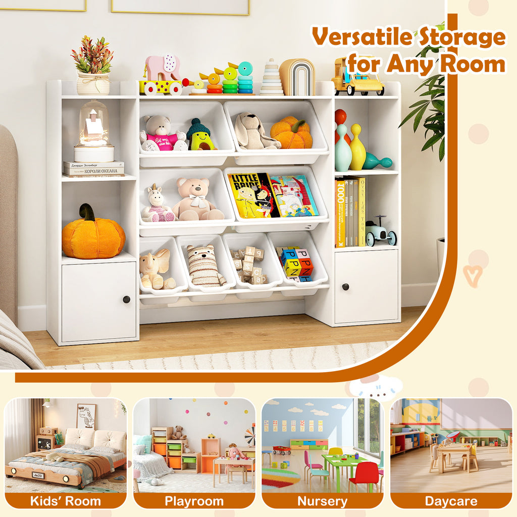 Kids Toy Storage Organizer, 4-Tier Wooden Toddler Bookshelf & Toy Cabinet with Open Shelves, 4 Large & 4 Small Removable Bins, Children' S Storage Cabinet for Home, Classroom, Daycare