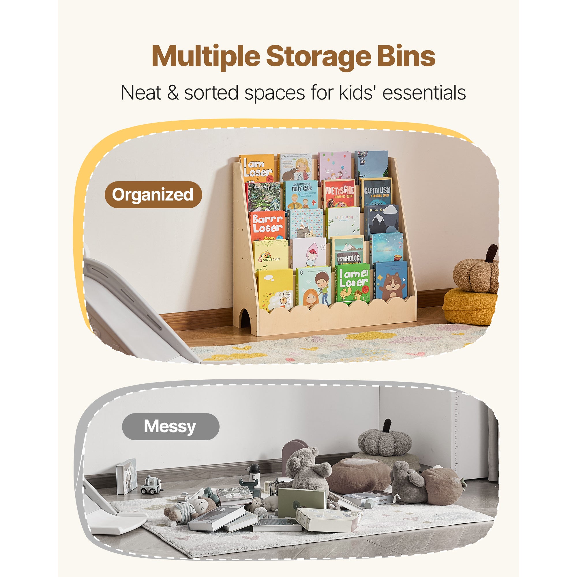 VEVOR Kids Bookshelf 3-Tier \u002F 5-Tier Scalloped Wooden Front Facing Toddler Bookcase