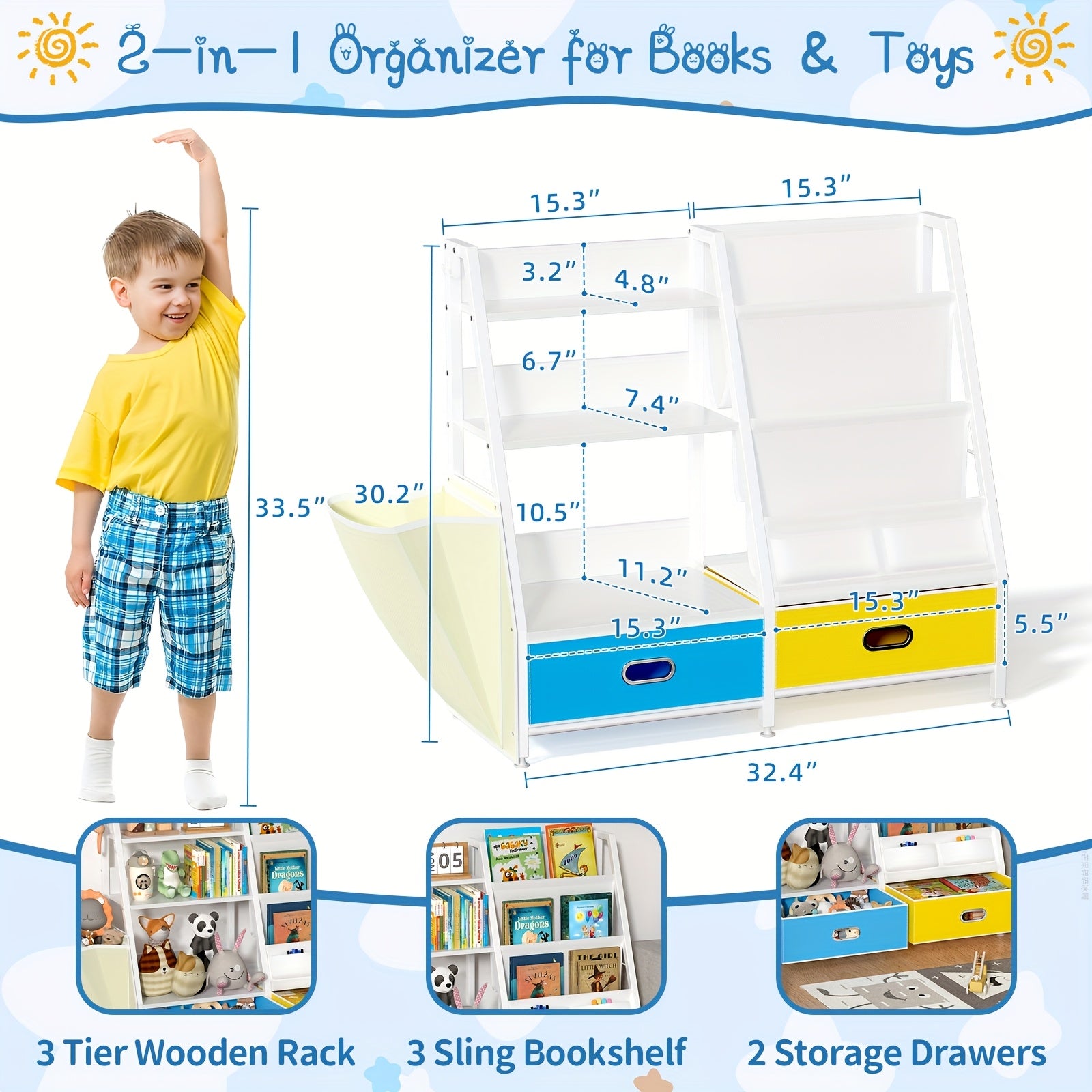Bookshelf And Toy Organizer, Three-Tier Bookcase for Kids, Sling Bookshelf with Two Drawers, Toddler Shelf with Storage for Toys, Suitable for Kids' Rooms, Playrooms, Nurseries, Living Rooms, And Bedrooms