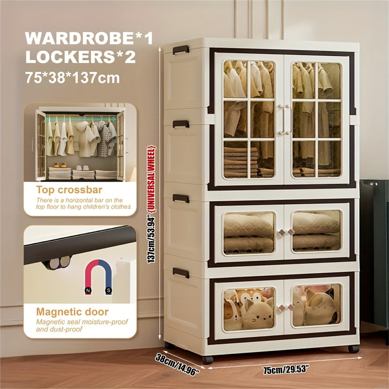 1pc of a Collapsible Wardrobe Along with a Set of Three Folding Boxes, a Storage Wardrobe That Requires No Assembly, a Cabinet for Hanging Clothes Suitable for Both Office And Bedroom Use, And a Foldable Plastic Wardrobe That Can Be Connected