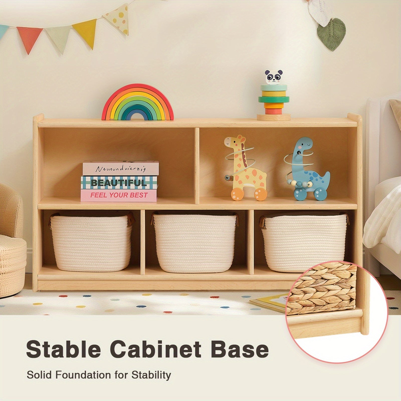 Large Wood Toy Storage Organizer, 2-Shelf Wood Bookshelf, 5-Section Kids Bookshelf, Wooden Storage Cabinet for Classroom, Kids Bookcases And Toddler Toy Shelf for Kids Room, Playroom, Nursery