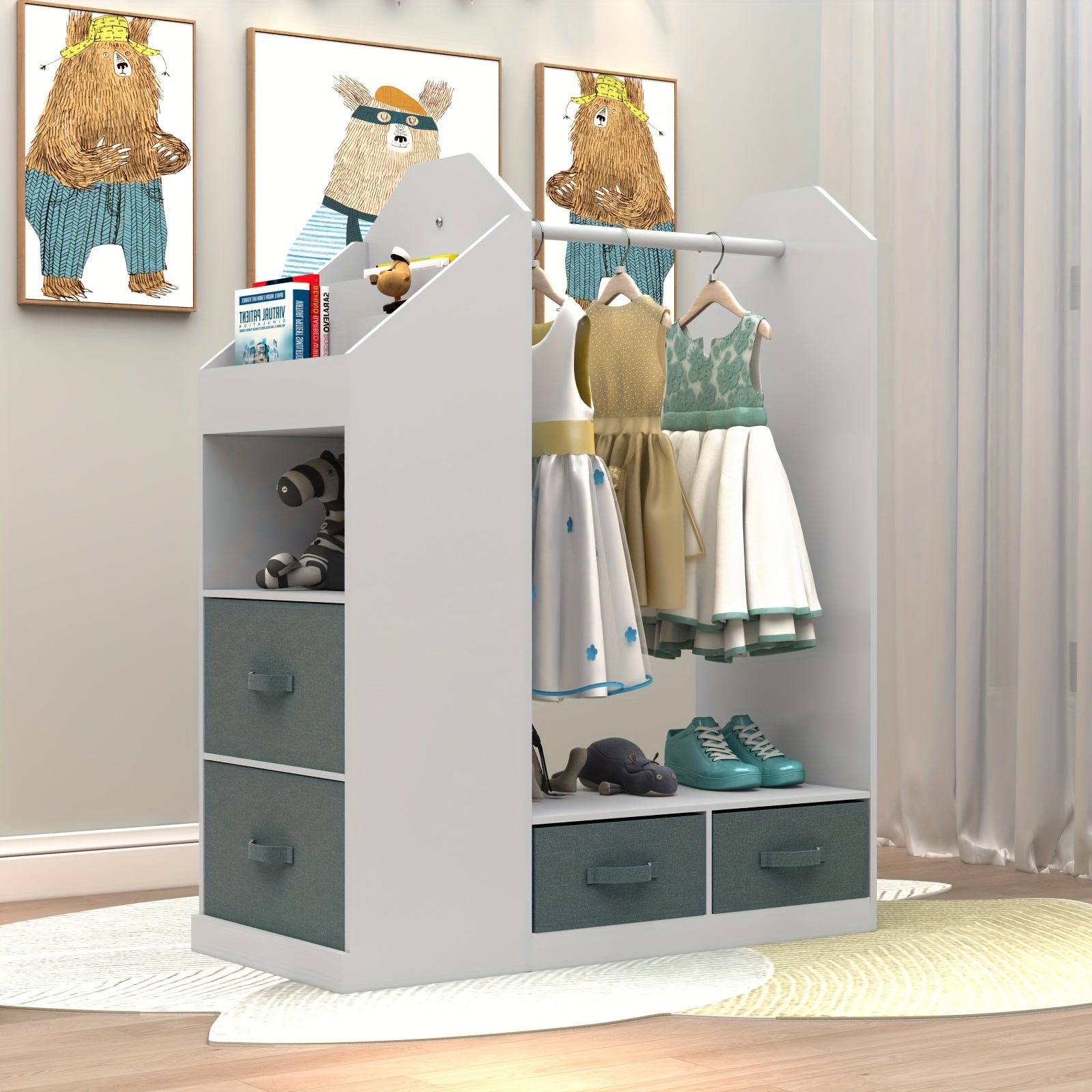 This Storage Unit Features a Mirror, Four Gray Non-Woven Drawers, One Clothes Hanger, And Six Open Rows on The Left Side, Made from Density Board And Non-Woven Fabric, Measuring 33.66*11.81*42.13inch in White