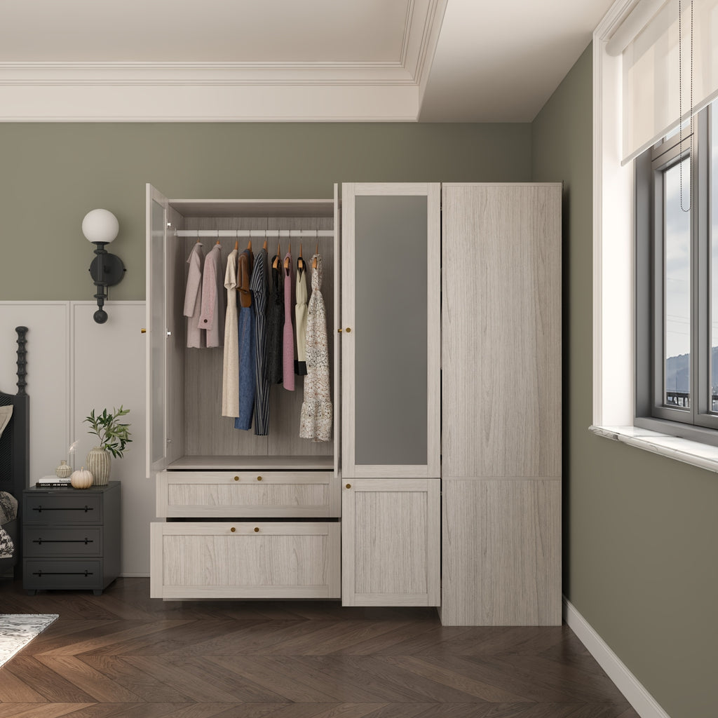 L-Shaped Armoire Wardrobe Closet with Frosted Glass Doors, Hanging Bar & Shelves, Modern Wooden Closet Storage Cabinet for Bedroom, Space-Saving Corner Wardrobe Closet with Handles