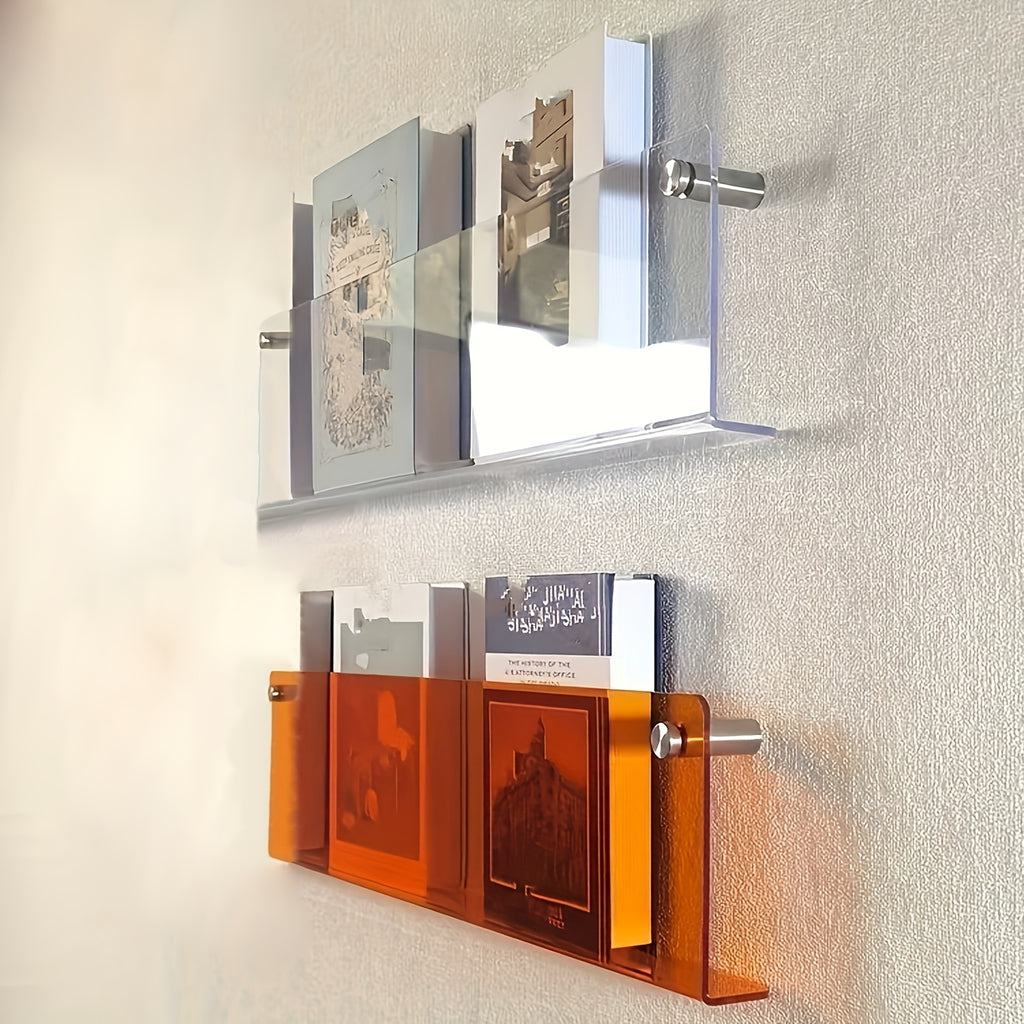 Acrylic Wall-Mounted Bookshelf in Orange And Brown, Transparent Picture Book And Magazine Rack, Minimalist Wall Decor, Display Shelf.