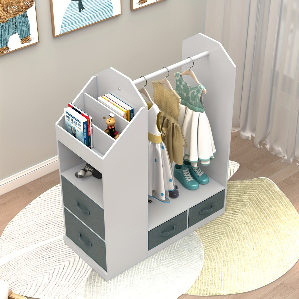 This Storage Unit Features a Mirror, Four Gray Non-Woven Drawers, One Clothes Hanger, And Six Open Rows on The Left Side, Made from Density Board And Non-Woven Fabric, Measuring 33.66*11.81*42.13inch in White