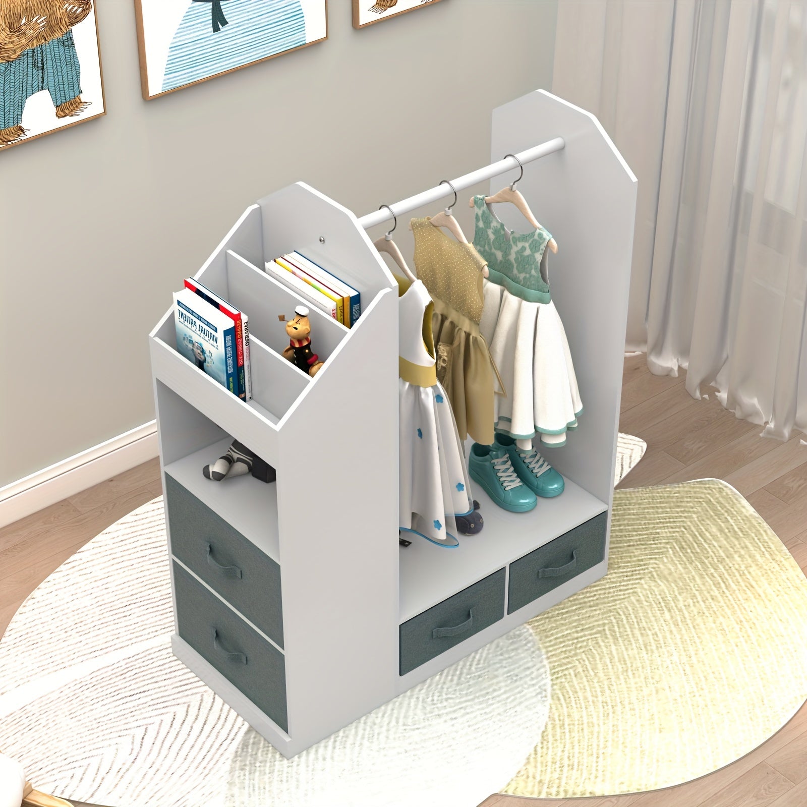 This Storage Unit Features a Mirror, Four Gray Non-Woven Drawers, One Clothes Hanger, And Six Open Rows on The Left Side, Made from Density Board And Non-Woven Fabric, Measuring 33.66*11.81*42.13inch in White