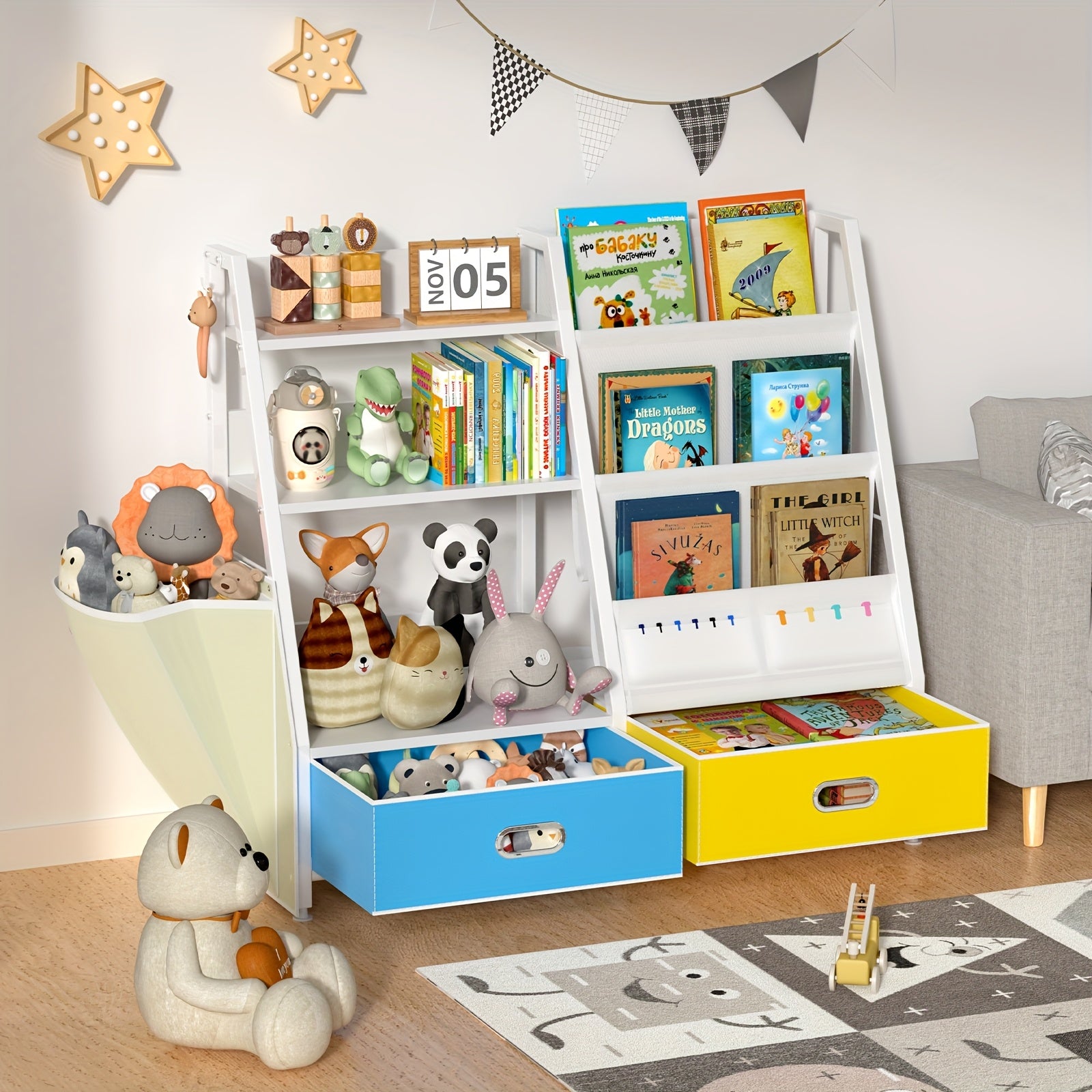 Bookshelf And Toy Organizer, Three-Tier Bookcase for Kids, Sling Bookshelf with Two Drawers, Toddler Shelf with Storage for Toys, Suitable for Kids' Rooms, Playrooms, Nurseries, Living Rooms, And Bedrooms