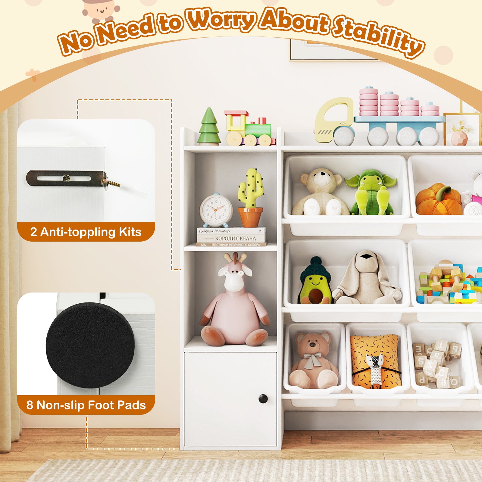 Kids Toy Storage Organizer, 4-Tier Wooden Toddler Bookshelf & Toy Cabinet with Open Shelves, 4 Large & 4 Small Removable Bins, Children' S Storage Cabinet for Home, Classroom, Daycare