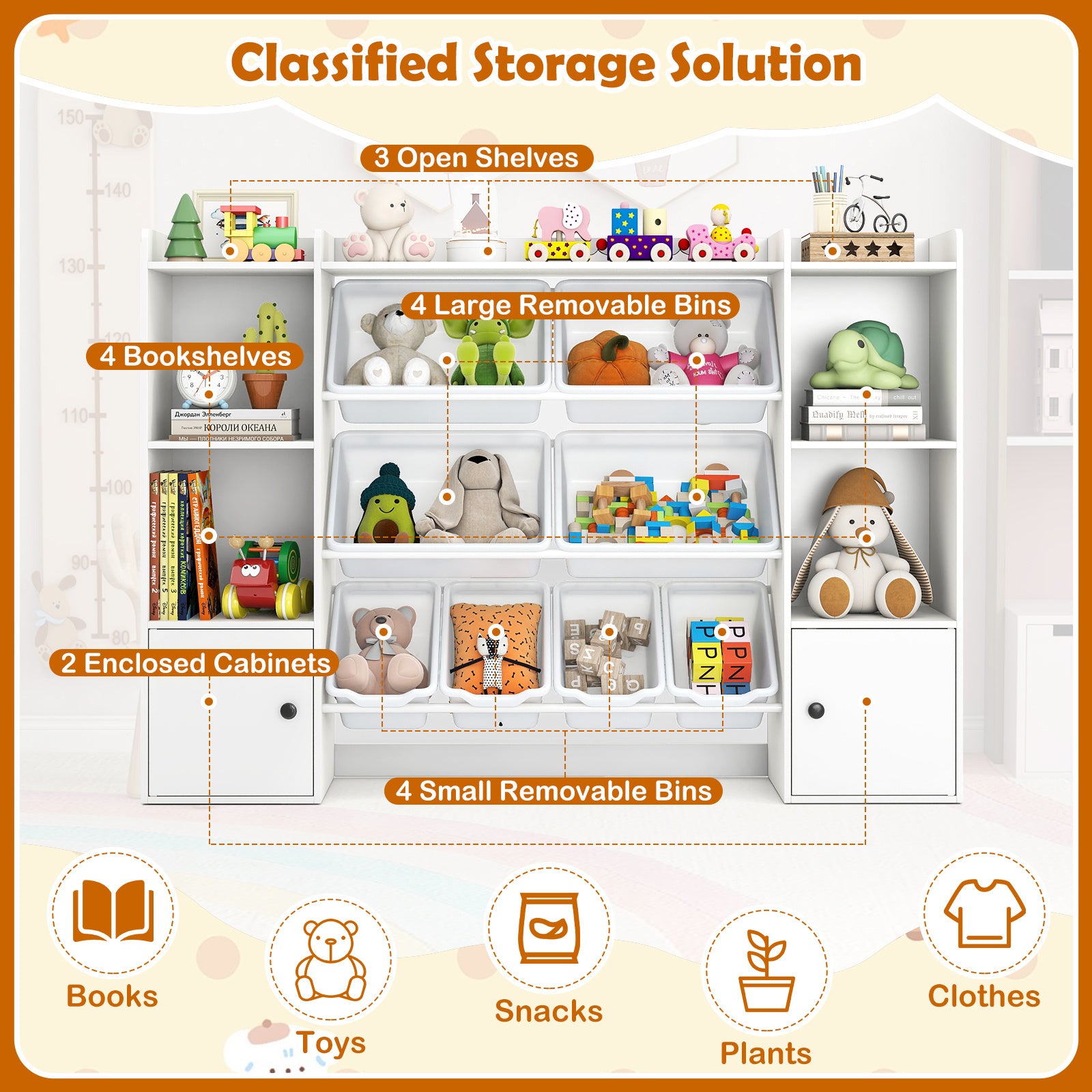 Kids Toy Storage Organizer, 4-Tier Wooden Toddler Bookshelf & Toy Cabinet with Open Shelves, 4 Large & 4 Small Removable Bins, Children' S Storage Cabinet for Home, Classroom, Daycare