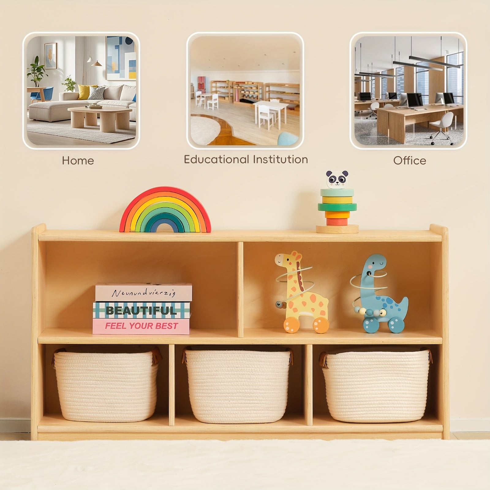 Large Wood Toy Storage Organizer, 2-Shelf Wood Bookshelf, 5-Section Kids Bookshelf, Wooden Storage Cabinet for Classroom, Kids Bookcases And Toddler Toy Shelf for Kids Room, Playroom, Nursery