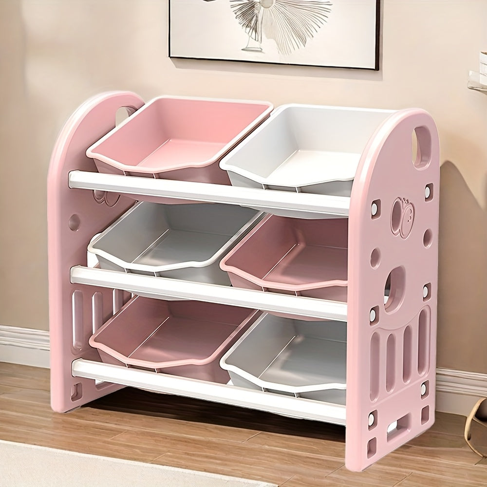 Storage Cabinet Shelf Unit, Large 3-Tier with 6-Compartment Open Shelving & Organizing Boxes, Easy Assembly Space-Saving Freestanding Furniture, for Room Game Room, Bookcase Clothing Rack Organization System, Pink