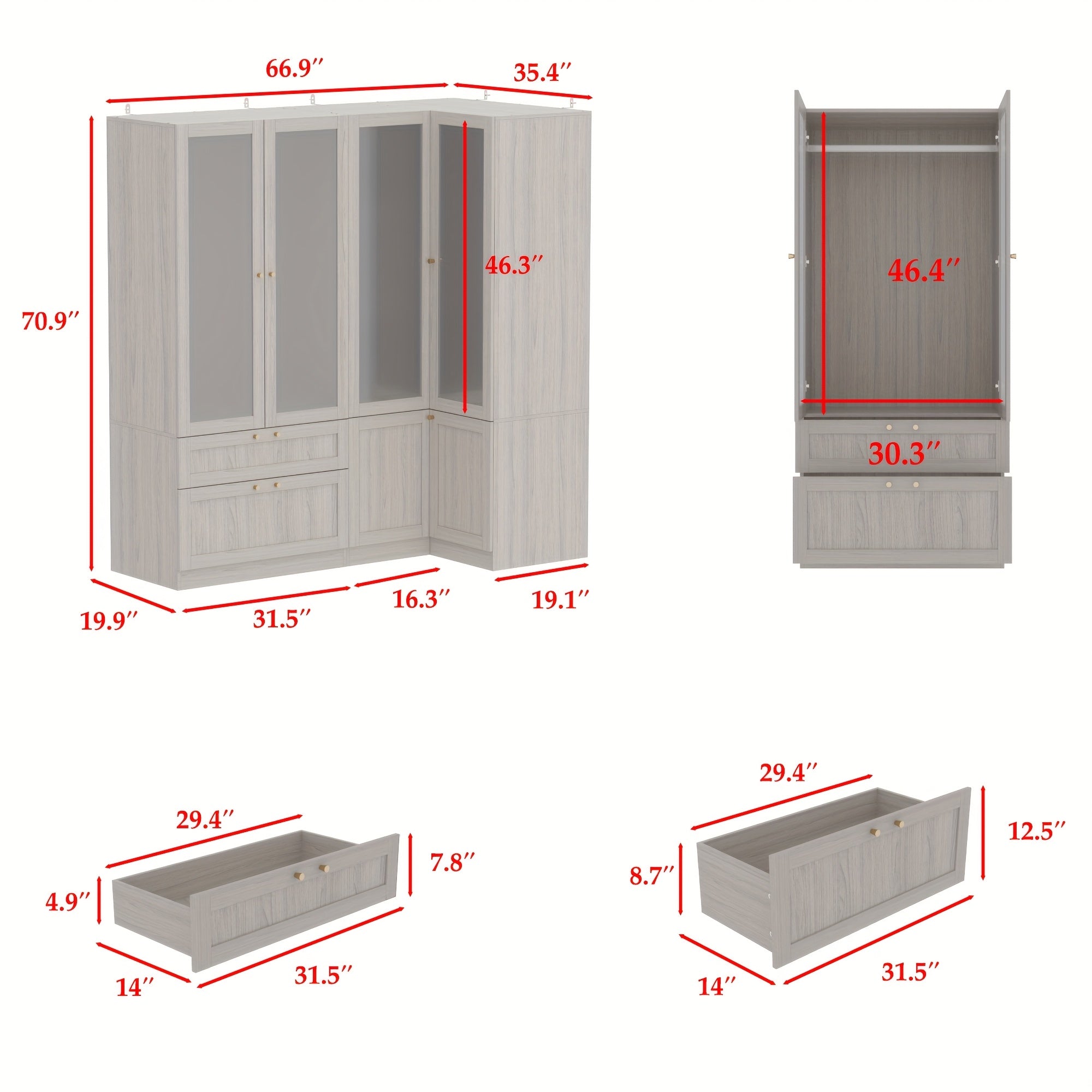 L-Shaped Armoire Wardrobe Closet with Frosted Glass Doors, Hanging Bar & Shelves, Modern Wooden Closet Storage Cabinet for Bedroom, Space-Saving Corner Wardrobe Closet with Handles