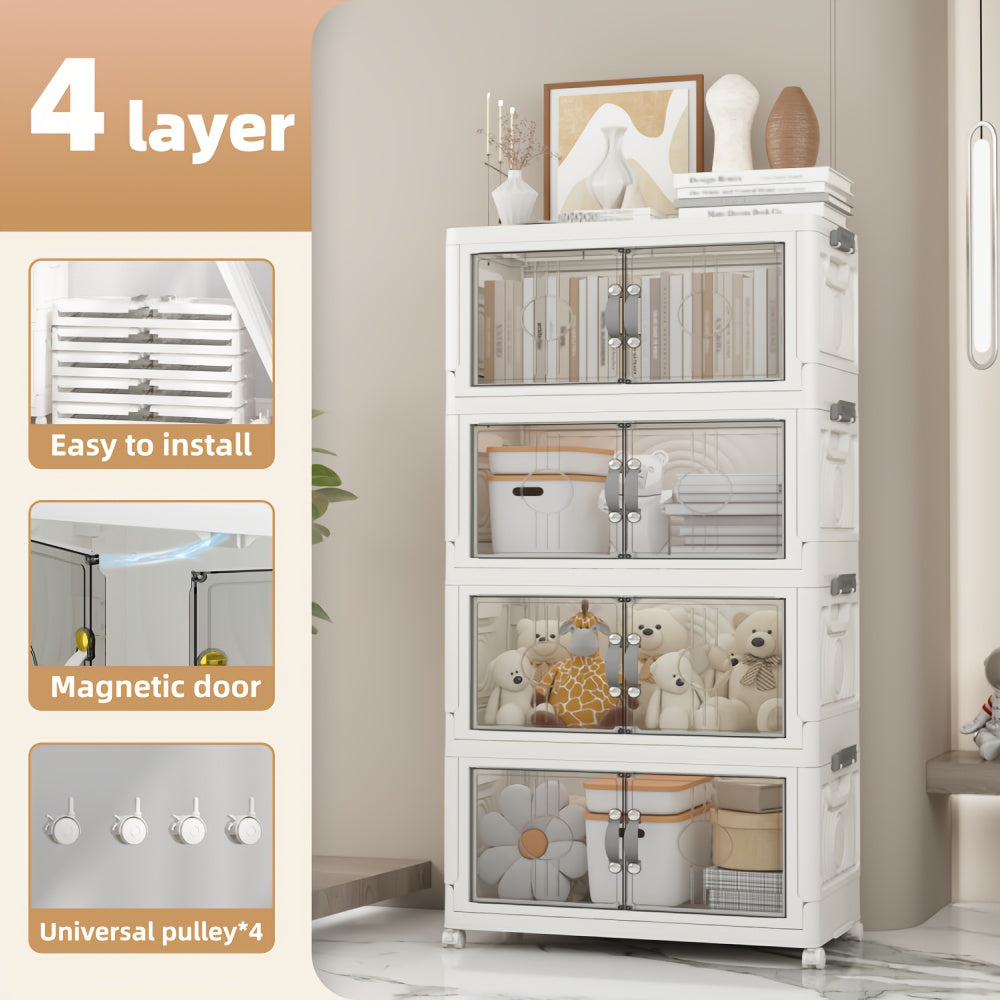 48QT Heavy-Duty White Plastic Folding Storage Cabinet with Locking Doors & 4-Wheel Mobility - Collapsible Freestanding Organizer for Home,, Pantry,, RV - Easy Assembly, Large Capacity Shelving Unit (48 Quart)