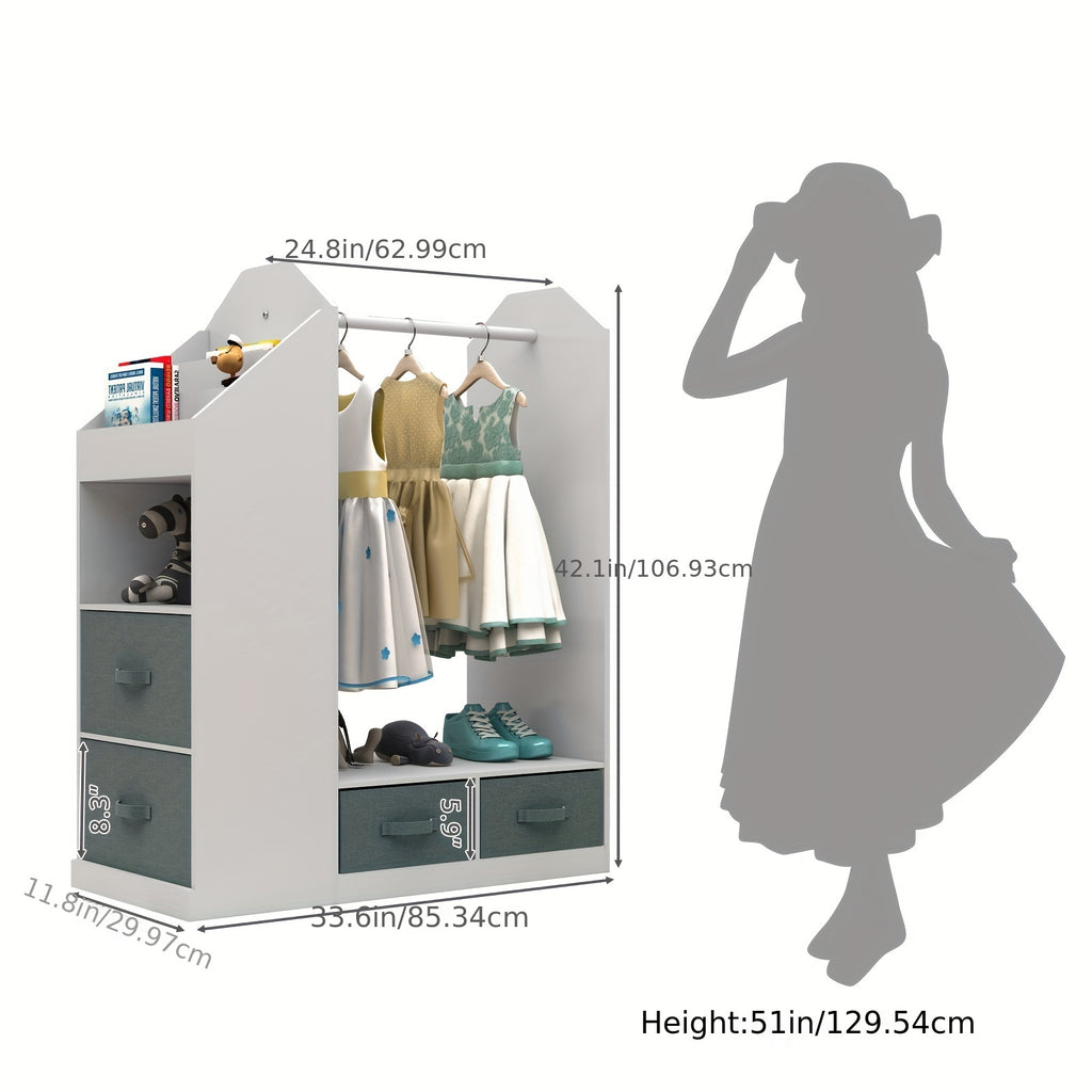 This Storage Unit Features a Mirror, Four Gray Non-Woven Drawers, One Clothes Hanger, And Six Open Rows on The Left Side, Made from Density Board And Non-Woven Fabric, Measuring 33.66*11.81*42.13inch in White