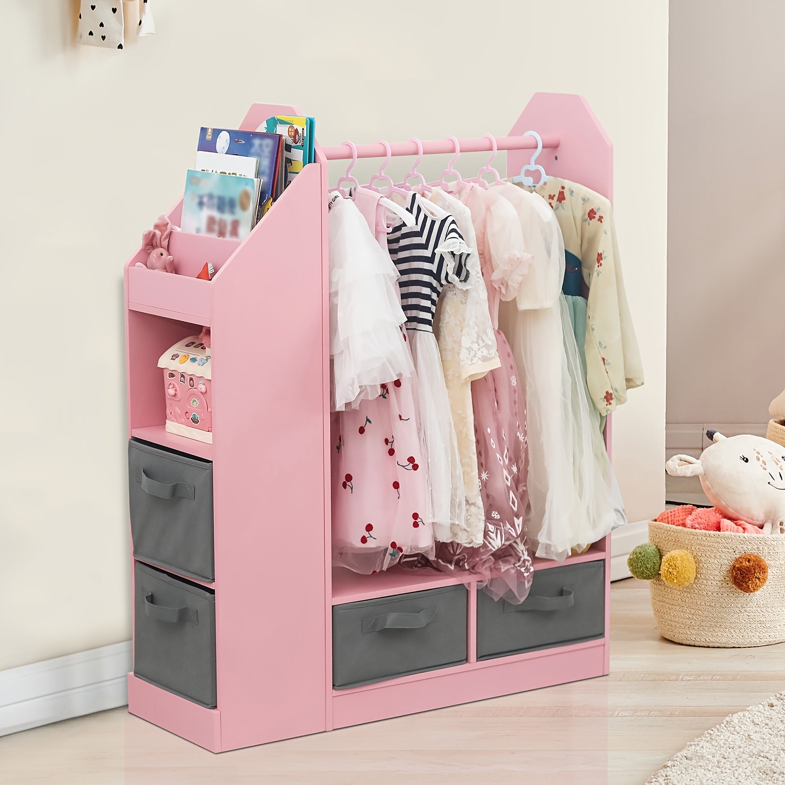 This Storage Unit Features a Mirror, Four Gray Non-Woven Drawers, One Clothes Hanger, And Six Open Rows on The Left Side, Made from Density Board And Non-Woven Fabric, Measuring 33.66*11.81*42.13inch in White