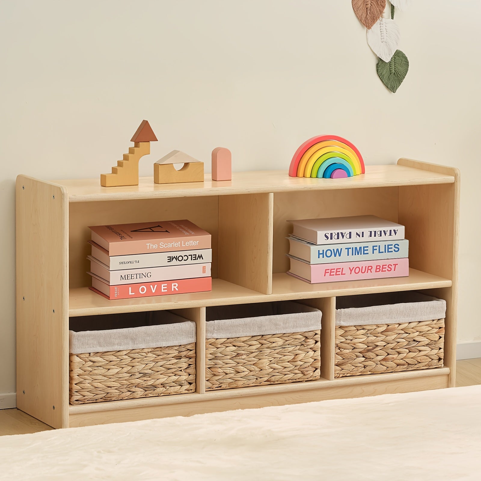 Large Wood Toy Storage Organizer, 2-Shelf Wood Bookshelf, 5-Section Kids Bookshelf, Wooden Storage Cabinet for Classroom, Kids Bookcases And Toddler Toy Shelf for Kids Room, Playroom, Nursery