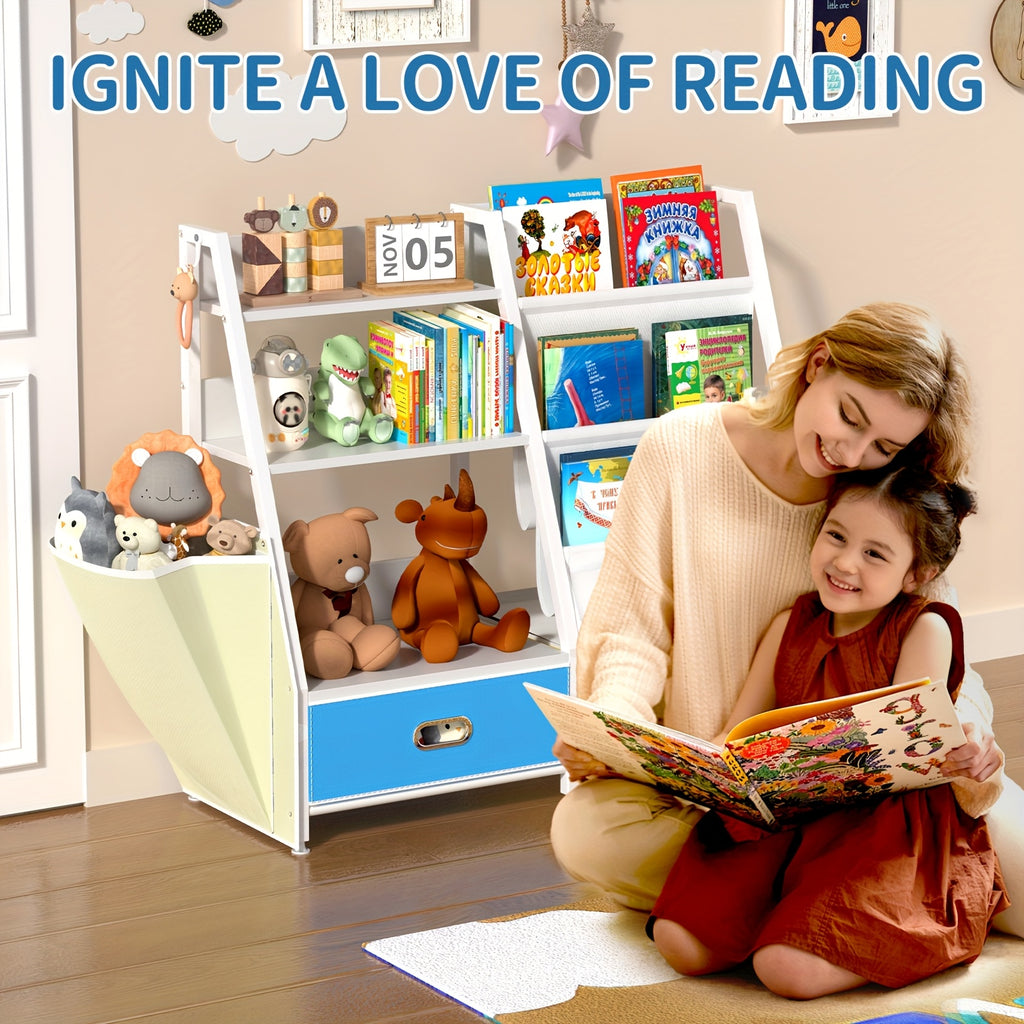 Bookshelf And Toy Organizer, Three-Tier Bookcase for Kids, Sling Bookshelf with Two Drawers, Toddler Shelf with Storage for Toys, Suitable for Kids' Rooms, Playrooms, Nurseries, Living Rooms, And Bedrooms