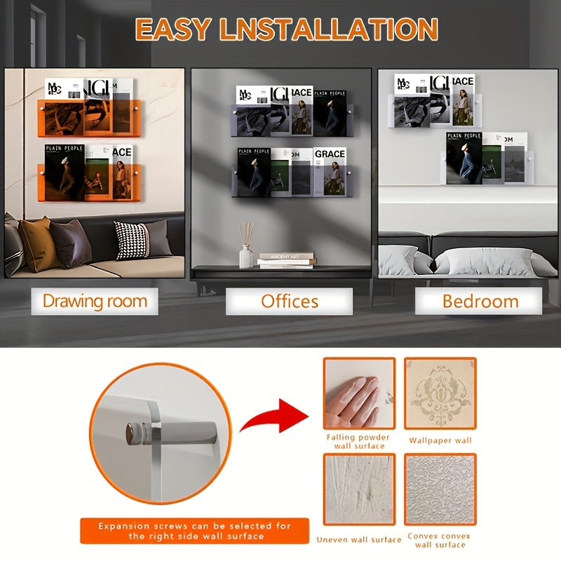 Acrylic Wall-Mounted Bookshelf in Orange And Brown, Transparent Picture Book And Magazine Rack, Minimalist Wall Decor, Display Shelf.