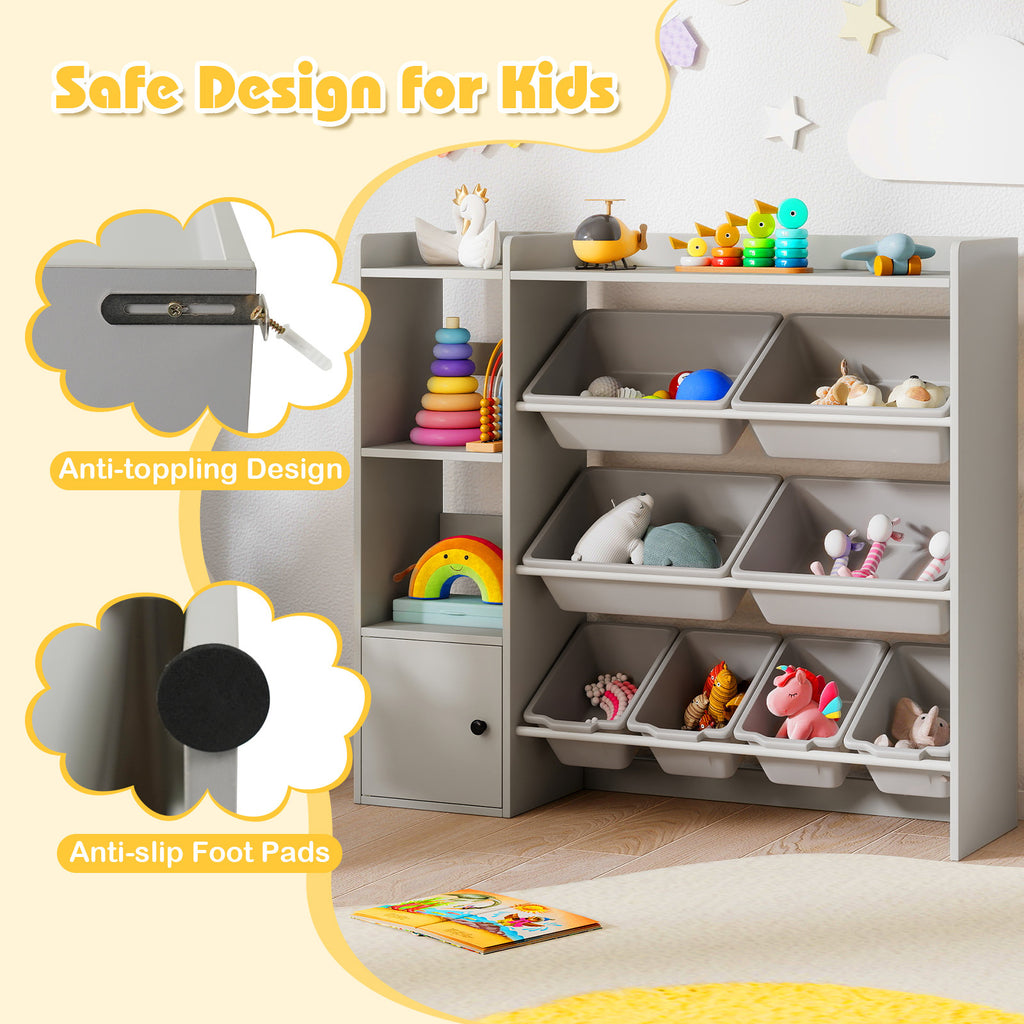 4-Tier Kids Toy Storage Organizer | Wooden Bookshelf & Toy Cabinet with Open Shelves, 4 Large & 4 Small Removable Bins, Grey, Hardwood, LIFEZEAL Brand, Suitable for Home, Classroom, Daycare