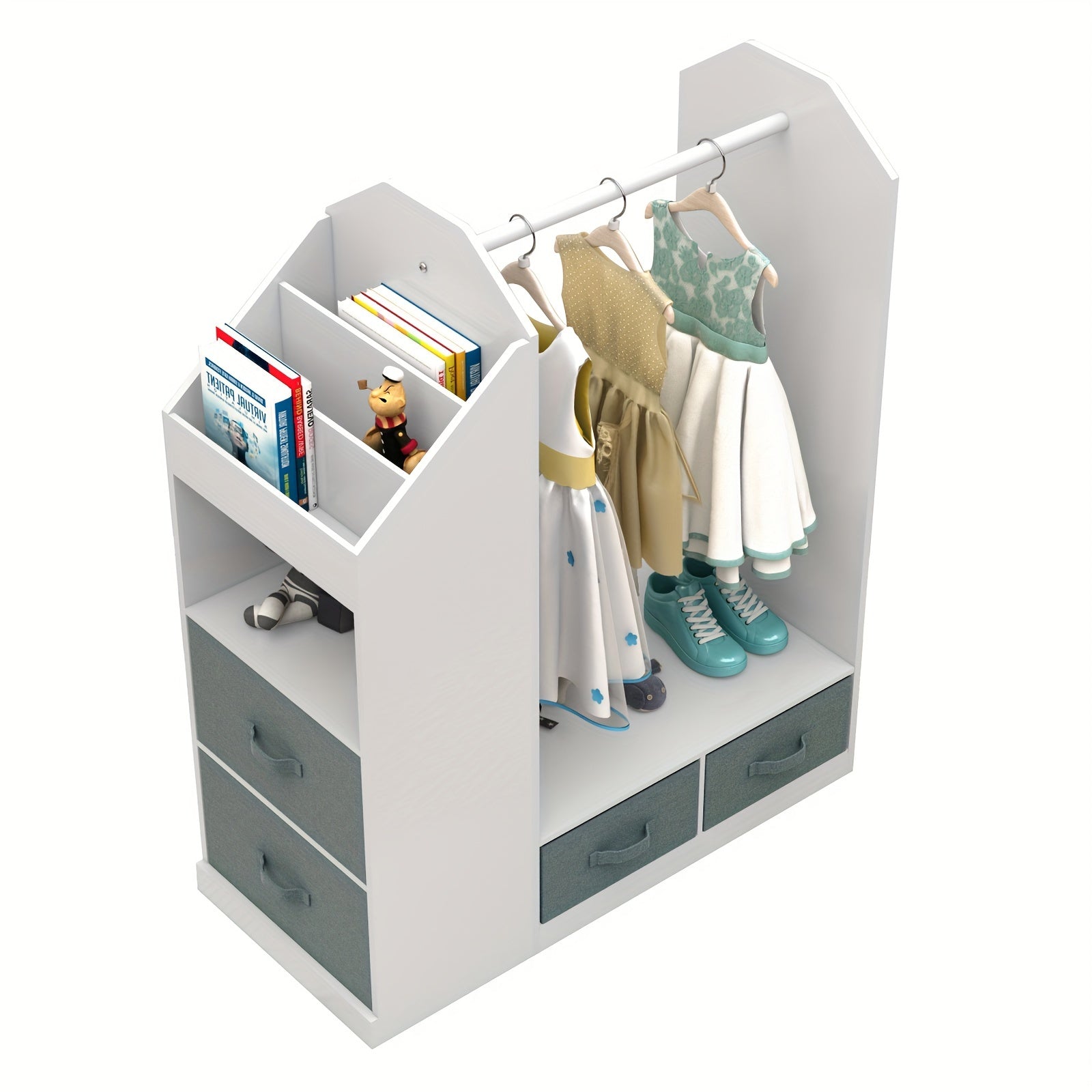 This Storage Unit Features a Mirror, Four Gray Non-Woven Drawers, One Clothes Hanger, And Six Open Rows on The Left Side, Made from Density Board And Non-Woven Fabric, Measuring 33.66*11.81*42.13inch in White