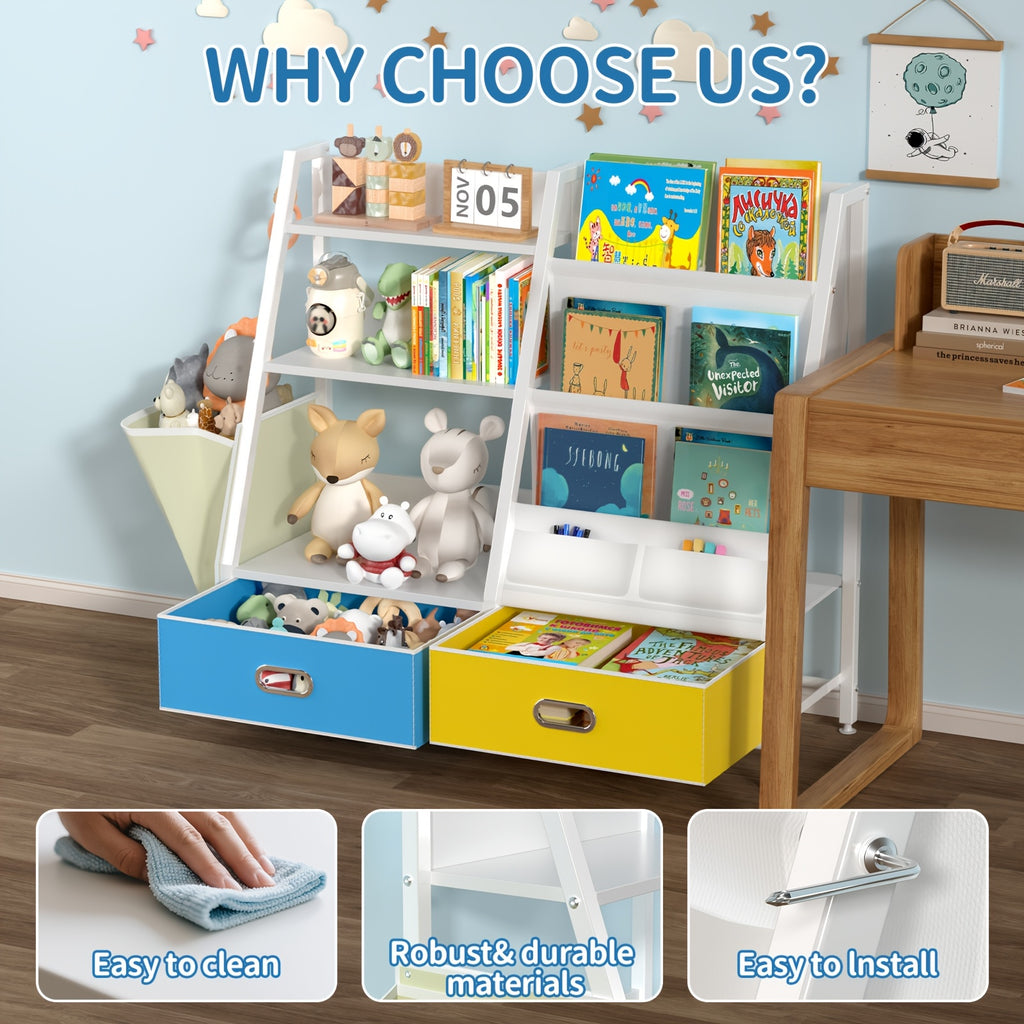 Bookshelf And Toy Organizer, Three-Tier Bookcase for Kids, Sling Bookshelf with Two Drawers, Toddler Shelf with Storage for Toys, Suitable for Kids' Rooms, Playrooms, Nurseries, Living Rooms, And Bedrooms