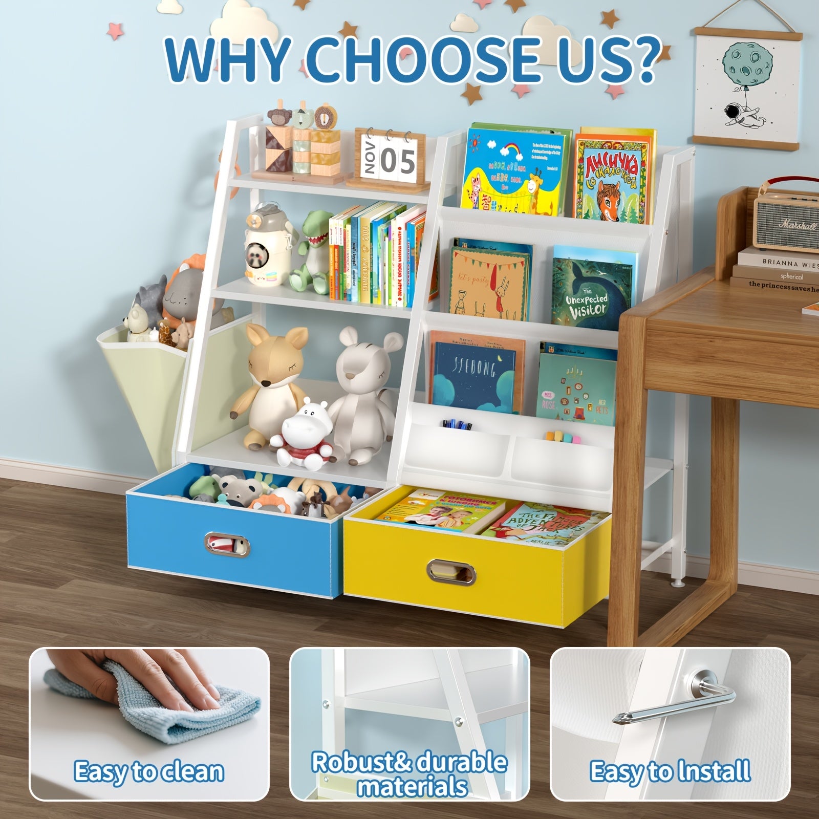 Bookshelf And Toy Organizer, Three-Tier Bookcase for Kids, Sling Bookshelf with Two Drawers, Toddler Shelf with Storage for Toys, Suitable for Kids' Rooms, Playrooms, Nurseries, Living Rooms, And Bedrooms