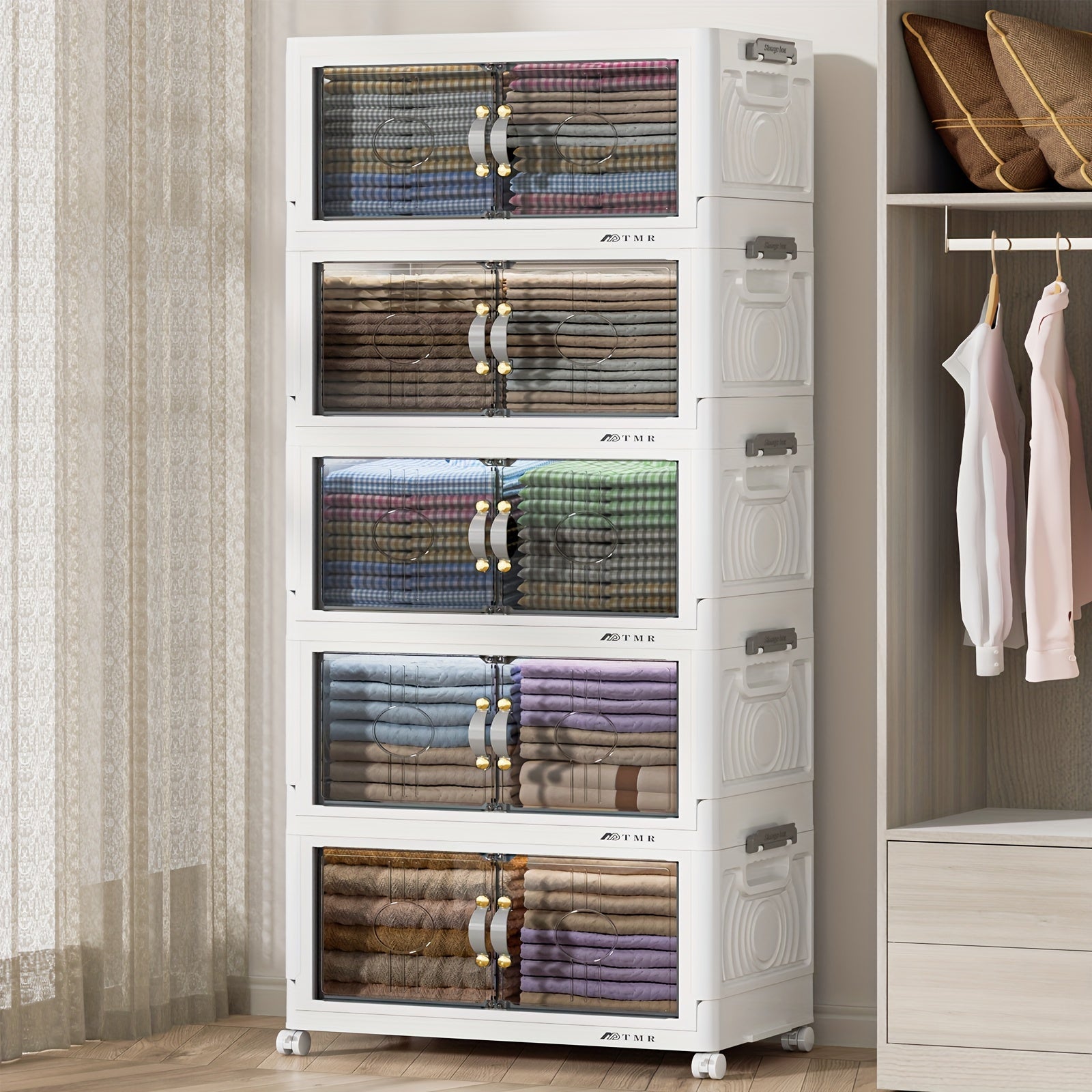 48QT Heavy-Duty White Plastic Folding Storage Cabinet with Locking Doors & 4-Wheel Mobility - Collapsible Freestanding Organizer for Home,, Pantry,, RV - Easy Assembly, Large Capacity Shelving Unit (48 Quart)