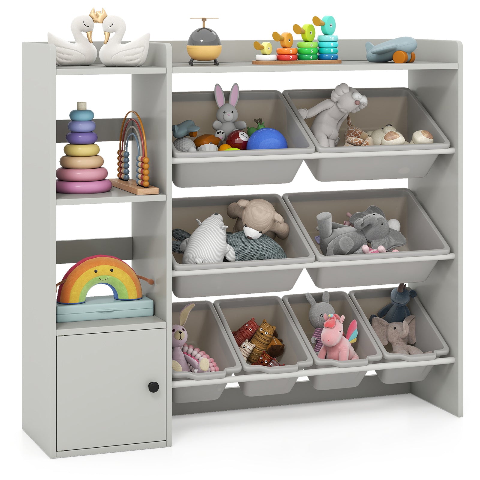 4-Tier Kids Toy Storage Organizer | Wooden Bookshelf & Toy Cabinet with Open Shelves, 4 Large & 4 Small Removable Bins, Grey, Hardwood, LIFEZEAL Brand, Suitable for Home, Classroom, Daycare